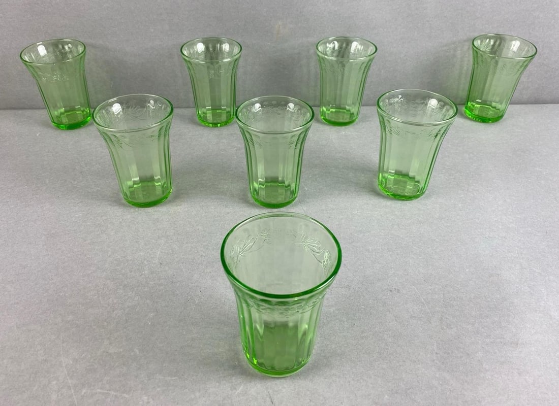 Group of 8 Green Cherry Blossom Uranium Depression Glasses: glows Under blacklight, each measures 4 1/4 x 3 x 3 inches