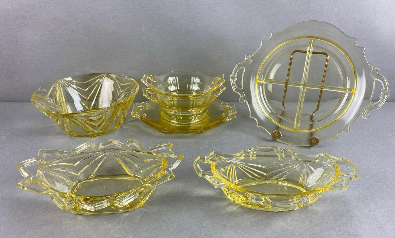 Group of 8 Yellow Geometric Depression Glass: Includes Serving tray, handled bowls, bowls and more, tray measures 11 1/4 x 9 1/4 inches