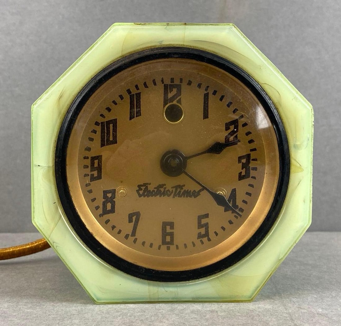 Cadillac Electric Times Art Deco Slag Glass Clock: Produced by Vidrio Products Corp, Not in working condition, hands still rotate, measures 3 3/4 x 3 3/4 x 2 1/2 inches