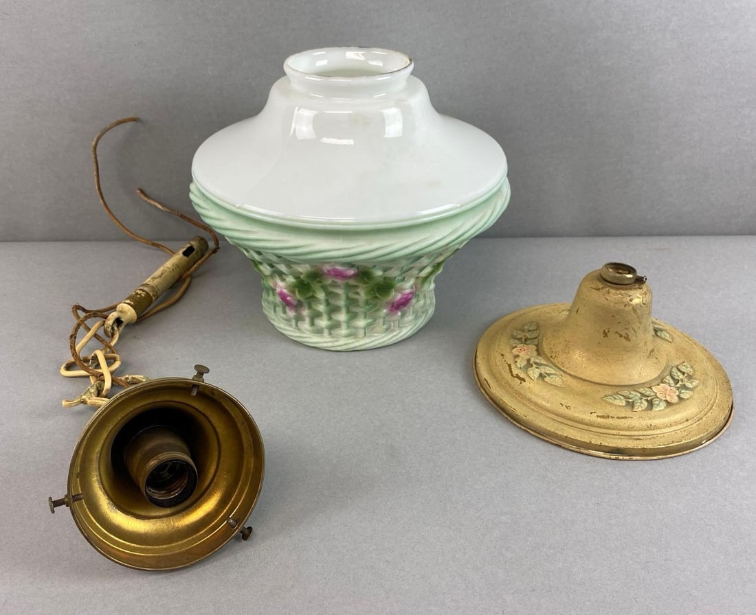 White Glass Floral Basket Ceiling Light: Unknown set completion, discoloration and scratching throughout fixture, light shade measures 8 3/4 x 10 x 10 inches