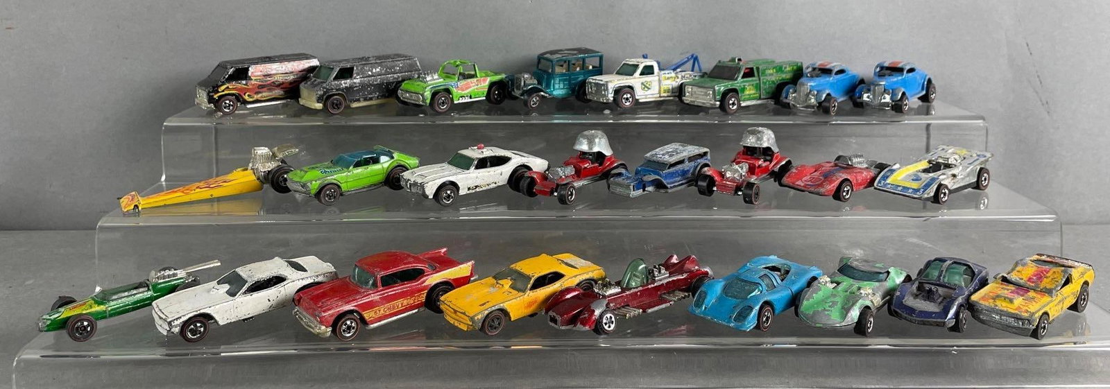 Group of 25 Red Line Hot Wheels Die-Cast Vehicles: A few missing wheels. Includes Porsche 917, Mustang stocker, red baron, and more. 1/64 scale