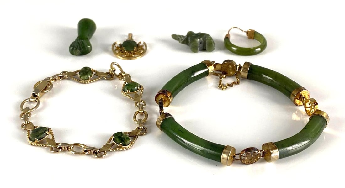 Group of 6 Jade Jewelry Items: Includes bracelets, charms, pendants, and more, Includes some sterling silver, and gold filled, Largest bracelet measures 8 1/2 inches around.