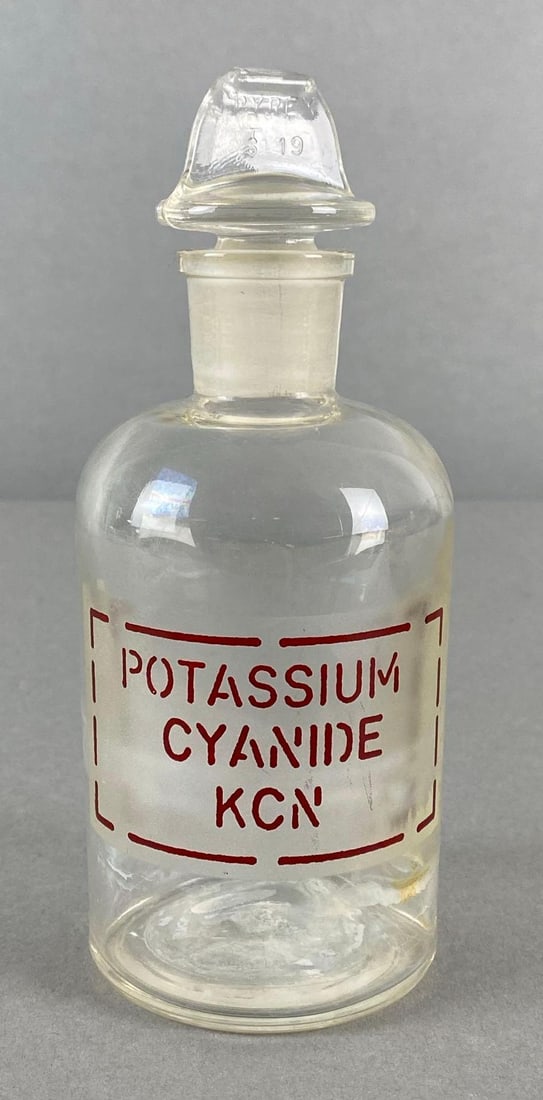 Potassium Cyanide KCN Glass Apothecary Bottle: Pyrex glass bottle, Bottle measures 6 1/2 x 2 1/2 x 2 1/2 inches.