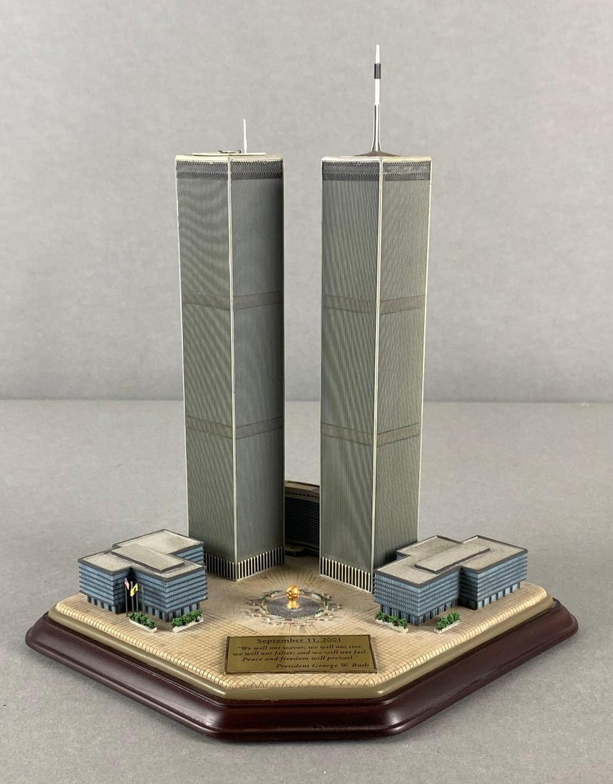 Danbury Mint Worlds Trade Center Twin Towers Commemorative Resin Model Statue: With President George W. Bush quote on plaque, September 11, 2001, Measures 10 x 9 1/2 x 7 1/2 inches.