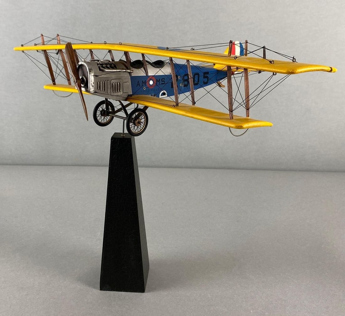 AM China WW1 Desktop Jenny Model Bi-Plane: Kelly Field, 2805, With stand, Measures 13 x 19 1/2 x 12 1/2 inches.