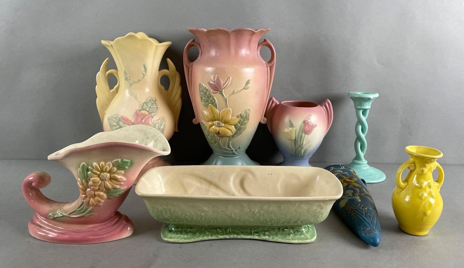 Group of 8 Floral Ceramic Vases and More: Includes bud vase, candlestick holder, Hull magnolia vase measures 13 x 7 1/2 inches