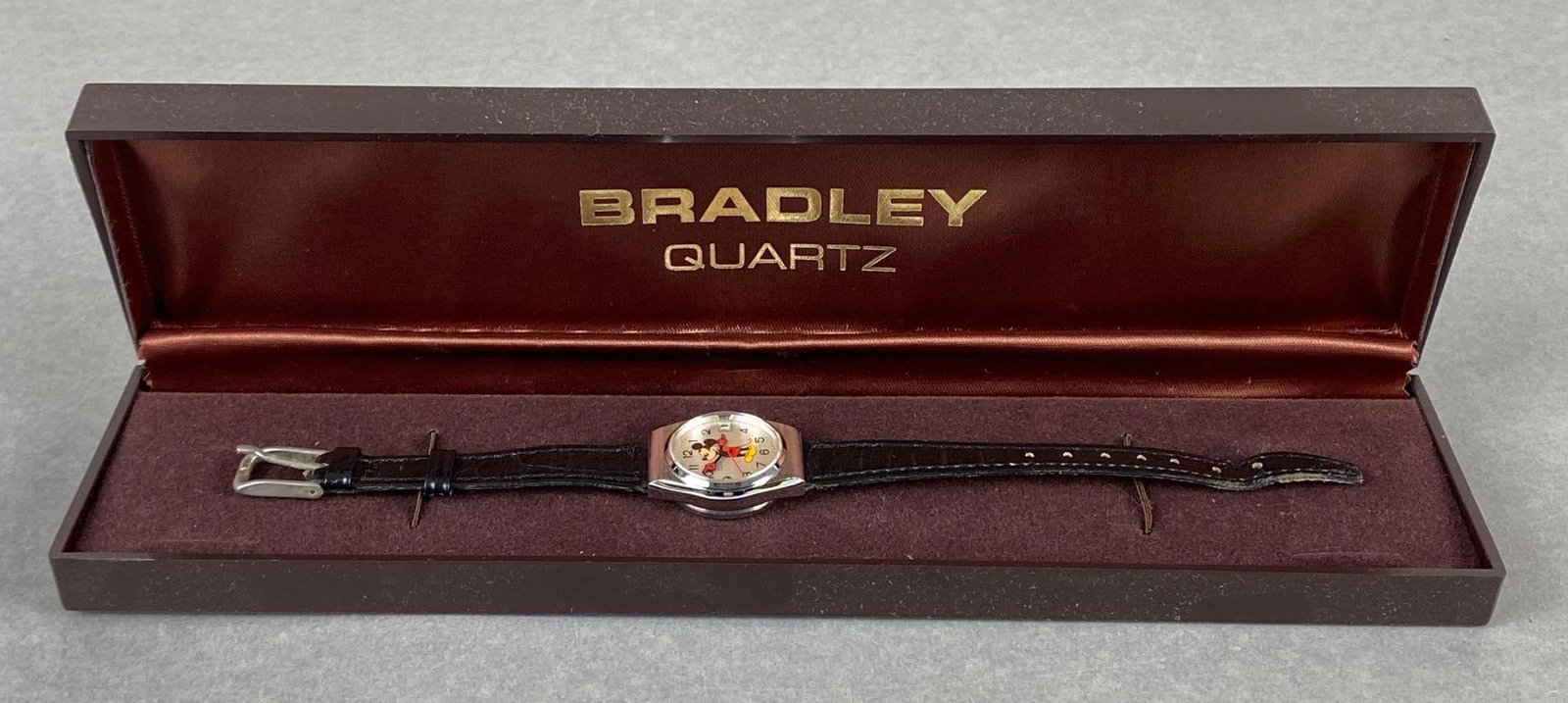 Bradley Quartz Mickey Mouse Wristwatch: With original box, Unknown working condition, Box measures 2 1/2 x 9 3/4 x 1 inches.