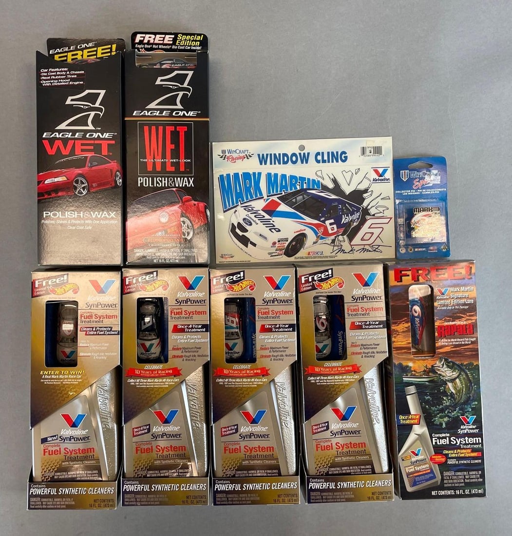 Group of 9 Valvoline and Hot Wheels Cross Promotional Items: Includes 1/64 Die-cast cars, fishing lure, collector pin, and more