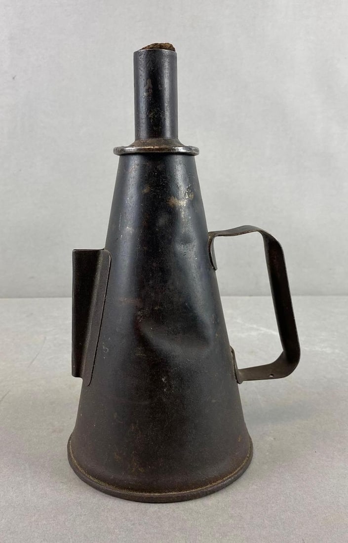 Johnson Urbana MSTP & P RR Handheld Oil Torch: Minneapolis, Saint Paul and Pacific Railroad, dinting and discoloration throughout, measures 9 1/2 x 5 3/4 x 4 1/2 inches