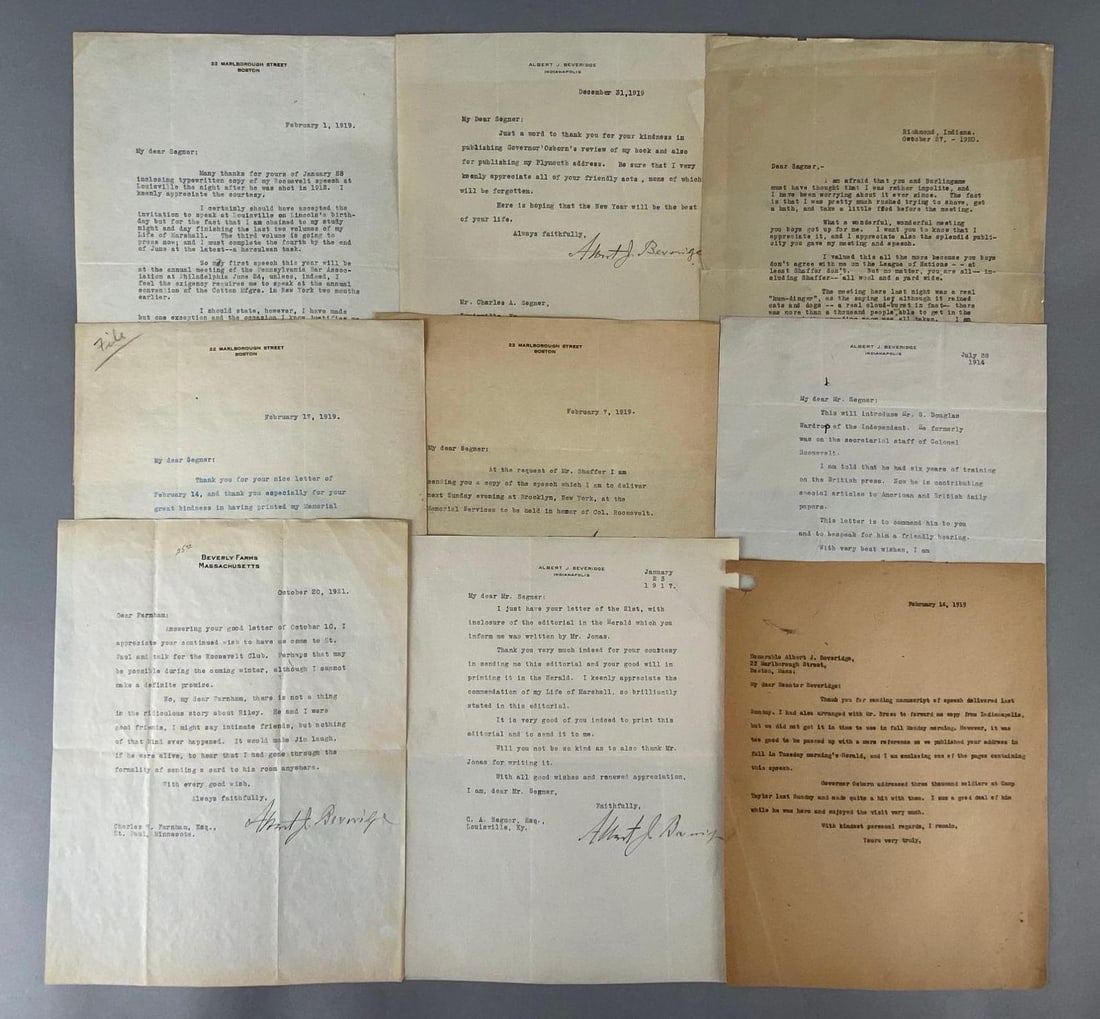 U.S. Senator Albert Beveridge collection of signed letters about his books about President Abraham (1 of 4)