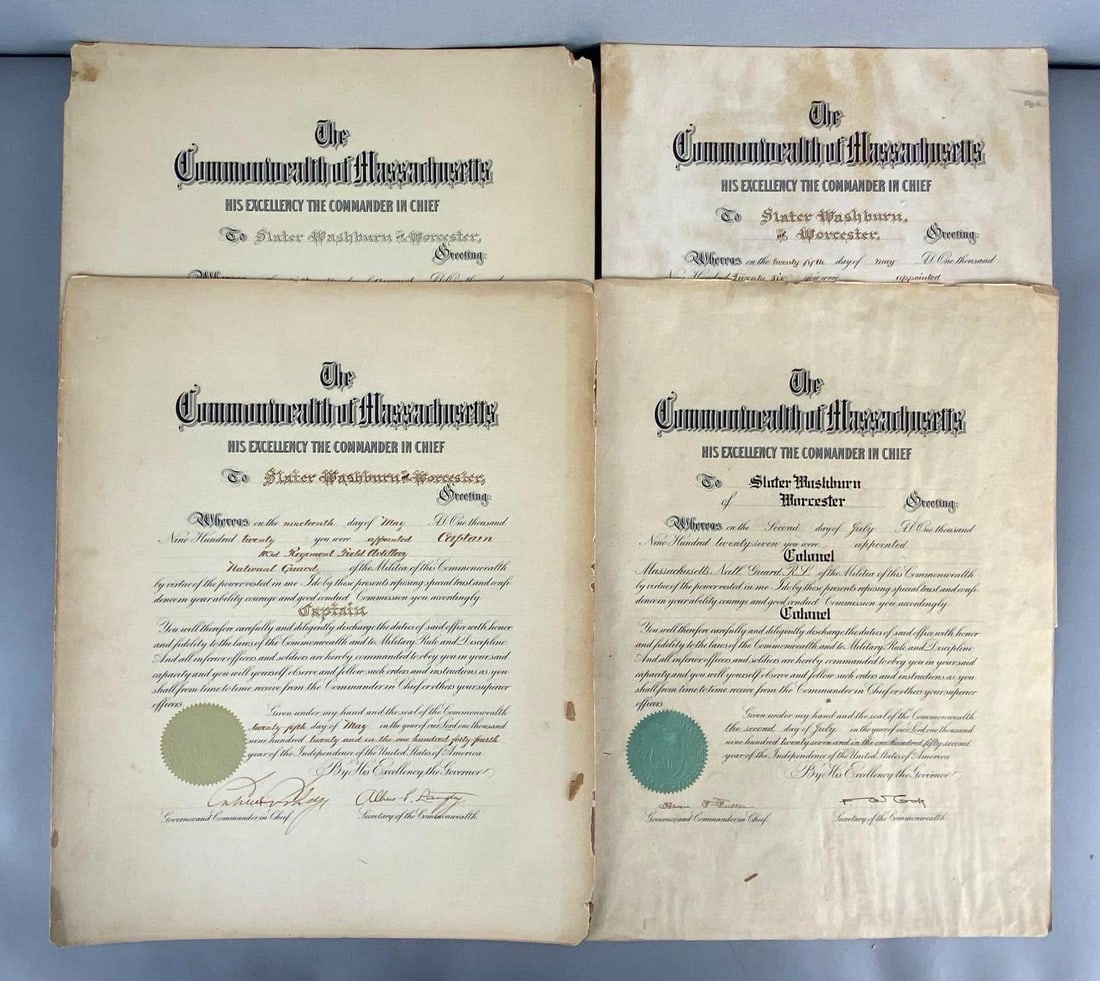 U.S. President Calvin Coolidge Military Commission signed while Governor of Massachusettsfor Slater (1 of 9)