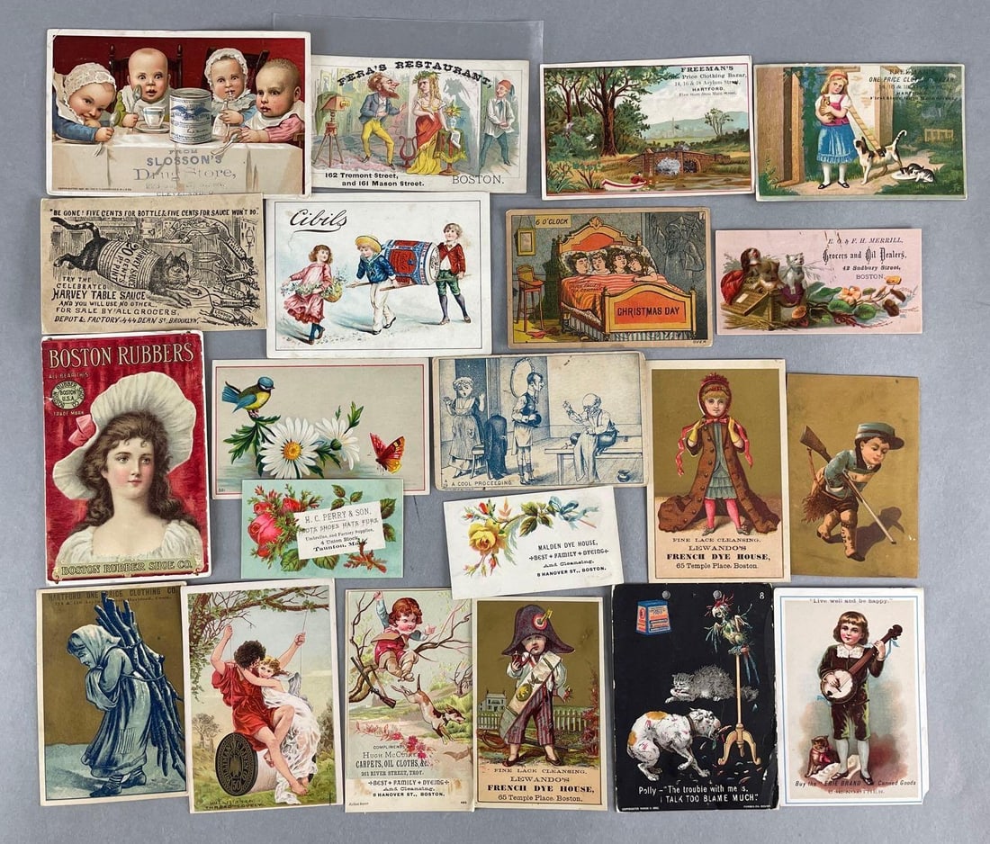 Group of 130+ Victorian Advertising Trade Cards: Includes hunting, drug stores, Christmas, dry goods