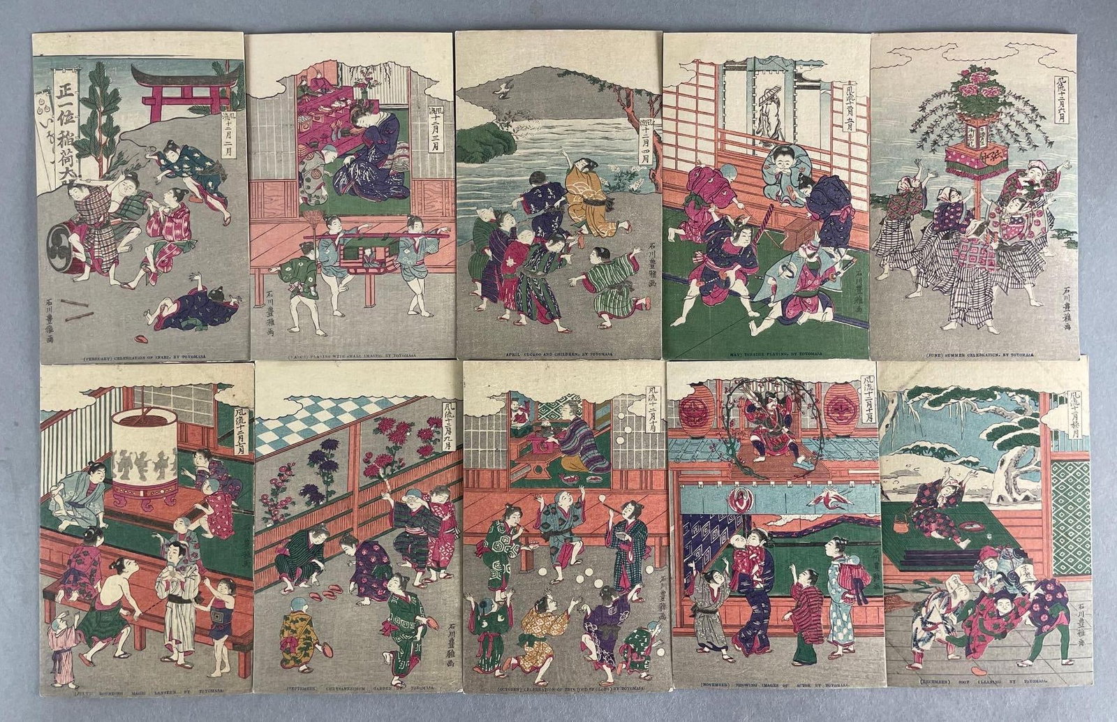 Postcards - 10 Japanese Months: Missing January and August. Samurai, lantern, theatre, and more