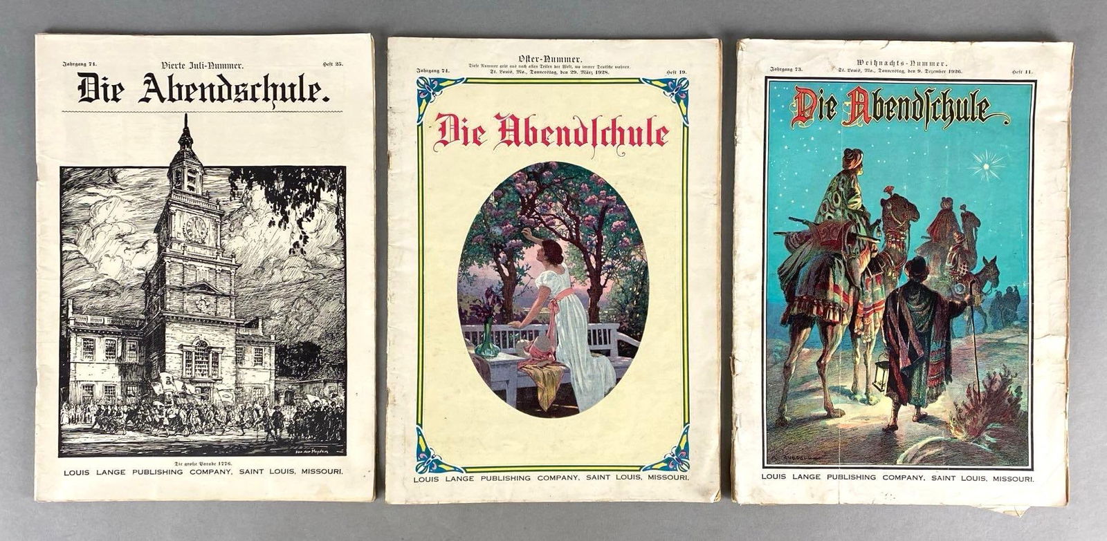 Group of 3 1970s German The Evening School Magazines: Louis Lange Publishing Company, St. Louis Missouri, All written in German, All measure 12 1/4 x 8 3/4 inches.