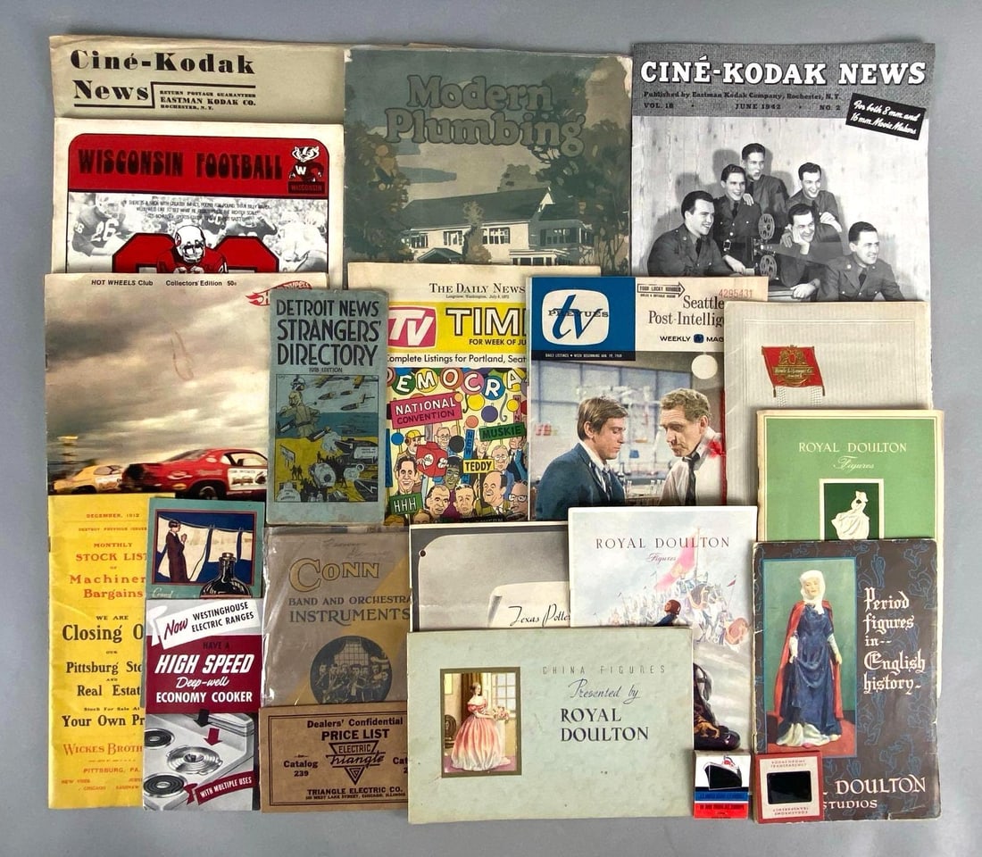 Group of 17 Advertising Ephemera and More: Includes Royal Doulton Figurine Lists, Modern Plumbing catalog, The Daily News TV Times, Detroit News Strangers Directory, and more, Largest measures 11 1/2 x 9 inches.