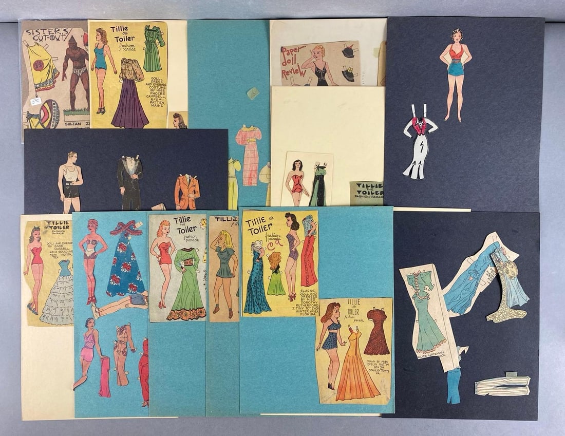 Group of Cut Out Paper Fashion Ephemera Activities: Most glued to cardboard, all not shown in first picture, all cardboard measures 12 x 8 3/4 inches