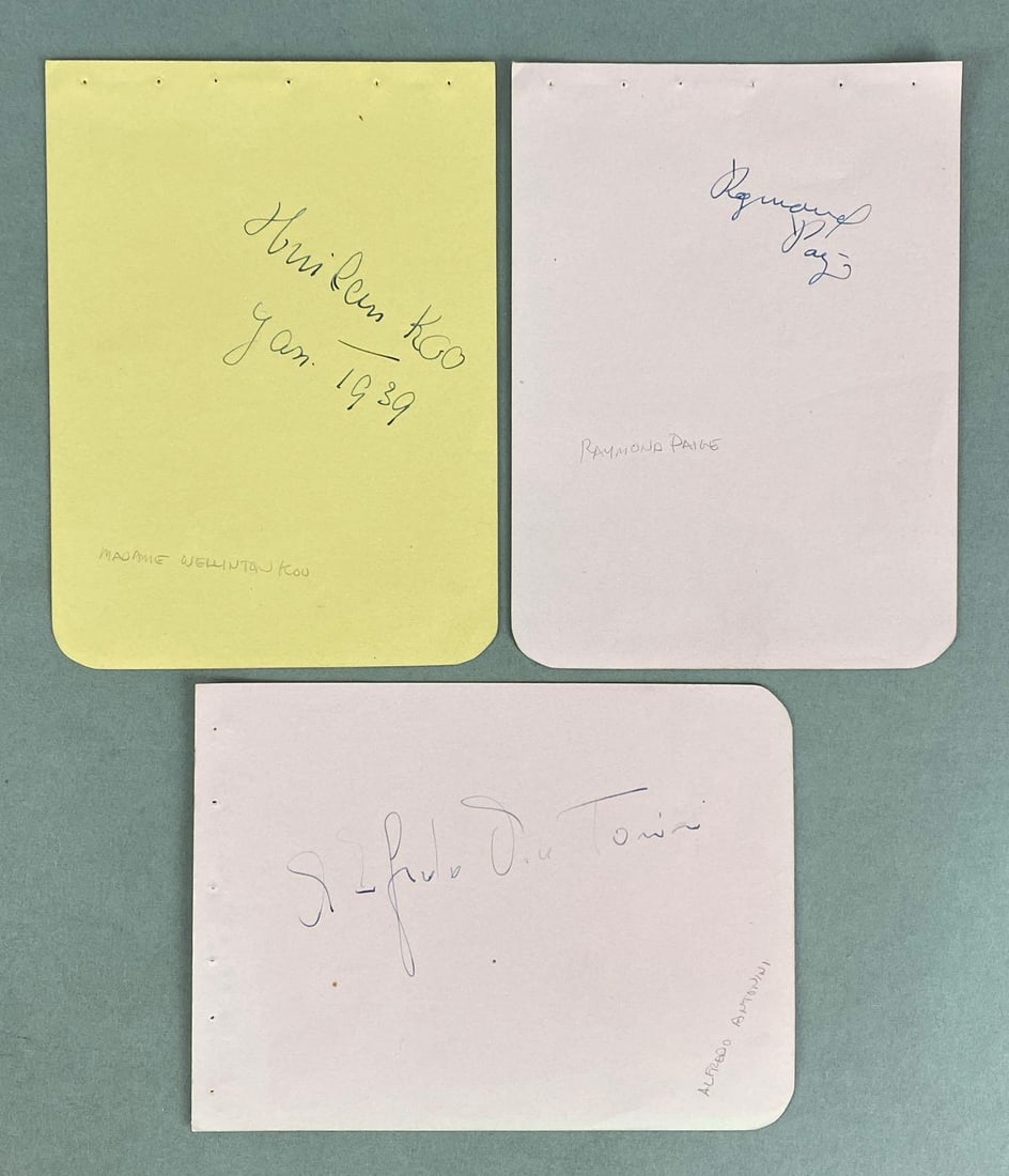 Group of 3 Radio Orchestra Conductor Autographed Pages: 1930s-1940s, Includes signatures from Alfredo Antonini, Raymond Paige, and Madame Wellington Koo, Pages measure 6 1/4 x 4 1/2 inches.