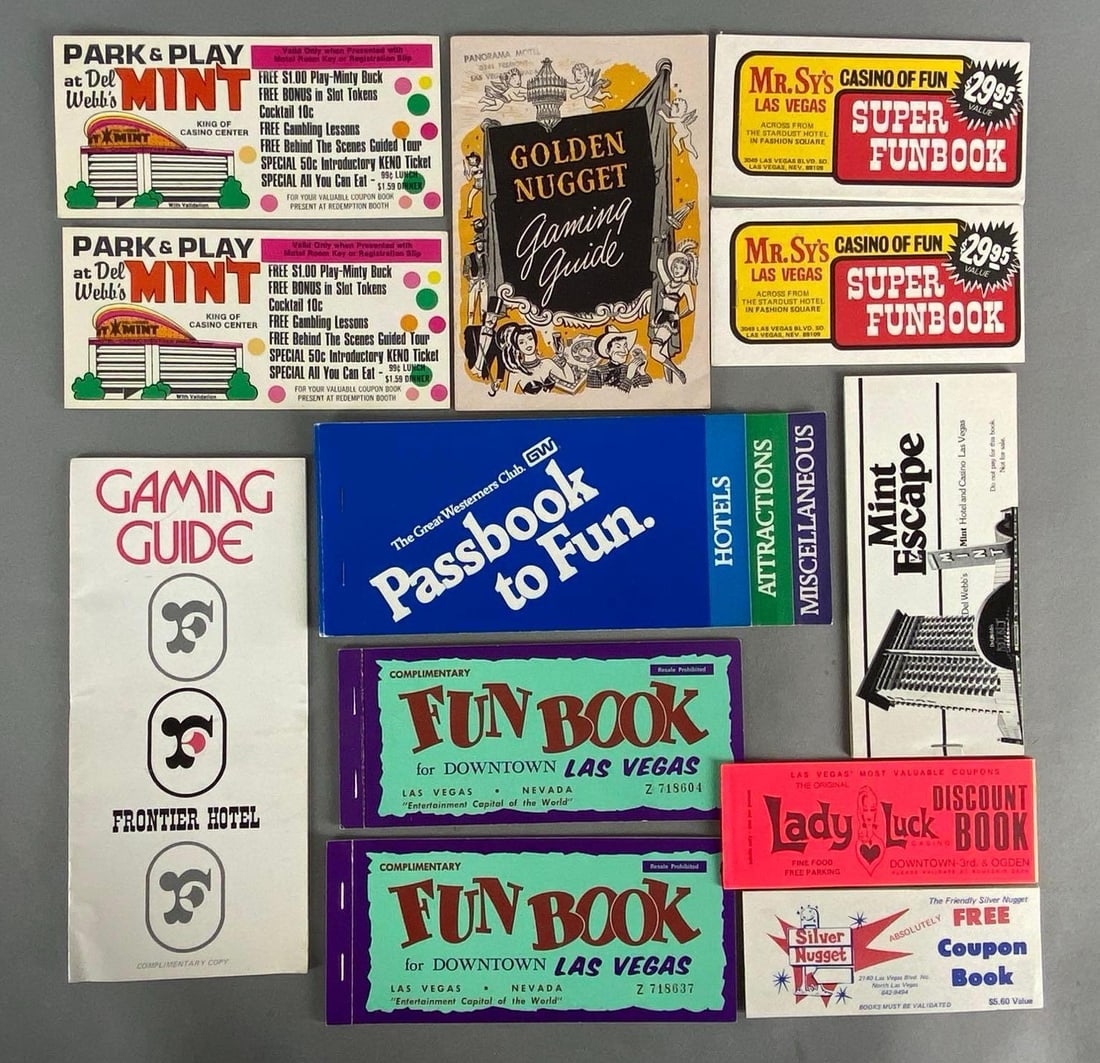 Group of 12 Las Vegas Gambling Coupon Books and More: Includes Lady Luck, Silver Nugget, Mint Escape, and more, Largest measures 9 x 4 inches.