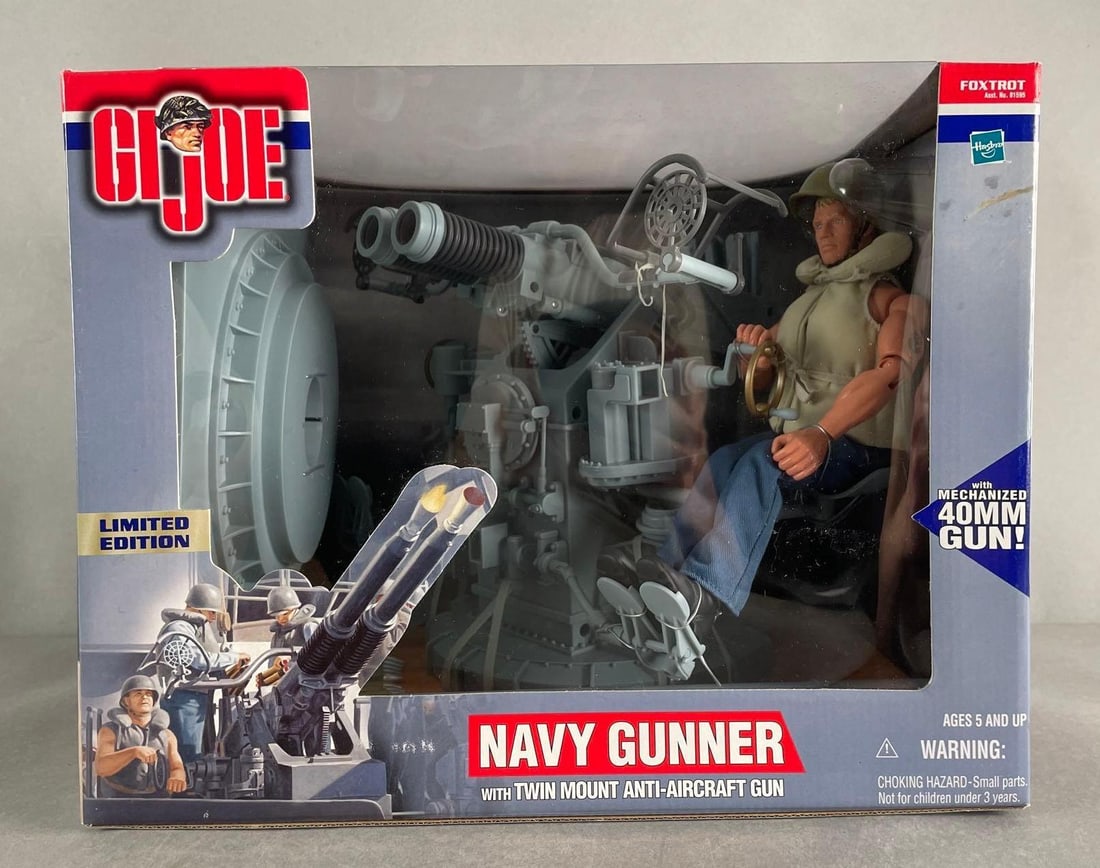 Limited Edition Hasbro G.I. Joe Navy Gunner: Twin mount anti-aircraft gun and action figure, original packaging, 12 inch
