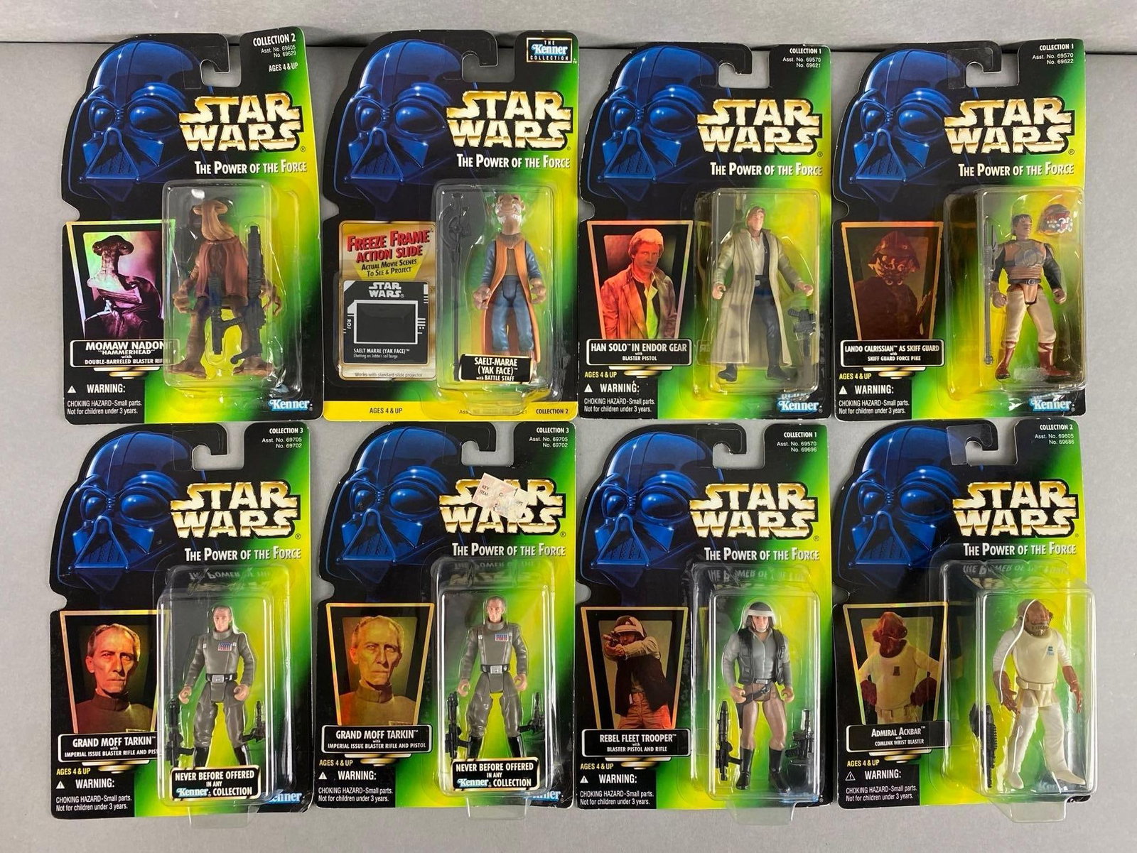 Group of 8 Kenner The Power of the Force Figures: Includes Grand Moff Tarkin, Rebel fleet trooper, Admiral Ackbar and more, new in original packaging, each measures 9 x 6 inches