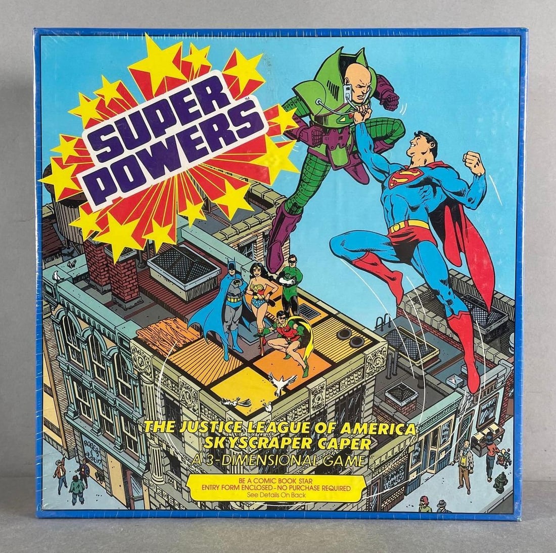 Parker Brothers DC Super Powers JLA Skyscraper Caper 3D Board Game: Factory sealed original packaging, measures 12 x 12 x 3 1/2 inches