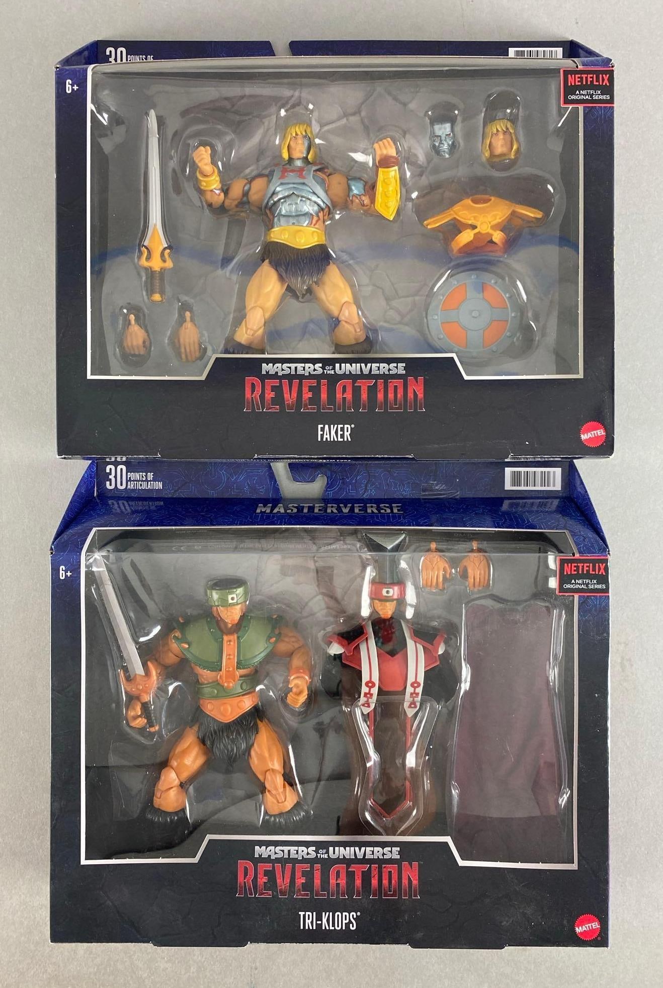 Group of 2 Mattel Masters of the Universe Revelation Figures: Includes Tri-Klops and Faker, new in original packaging, each measures 10 1/2 x 12 x 2 3/4 inches