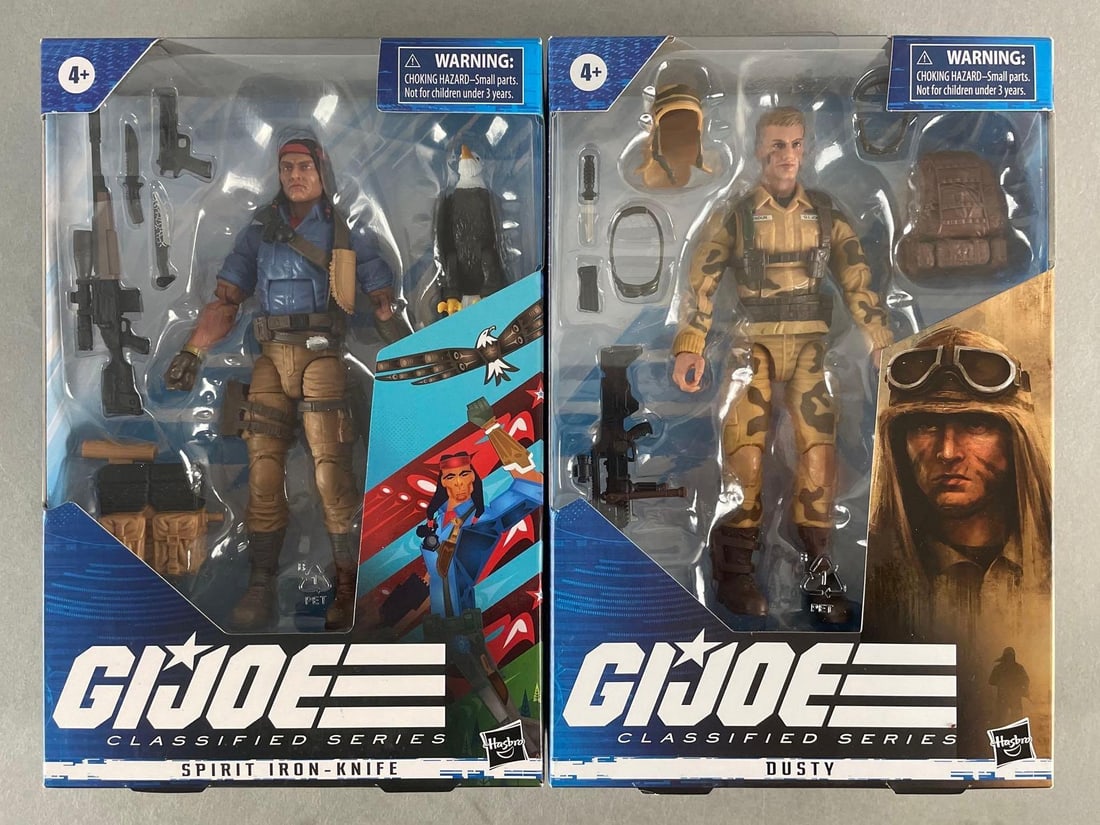 Group of 2 Hasbro G.I. Joe Classified Series Action Figures: Includes spirit iron knife, and dusty. Original packaging measures 9 x 6 x 2 inches