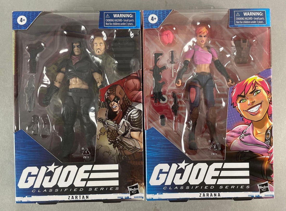 Group of 2 Hasbro G.I. Joe Classified Series Action Figures: Includes zartan, zarana. Original packaging measures 9 x 6 x 2 inches