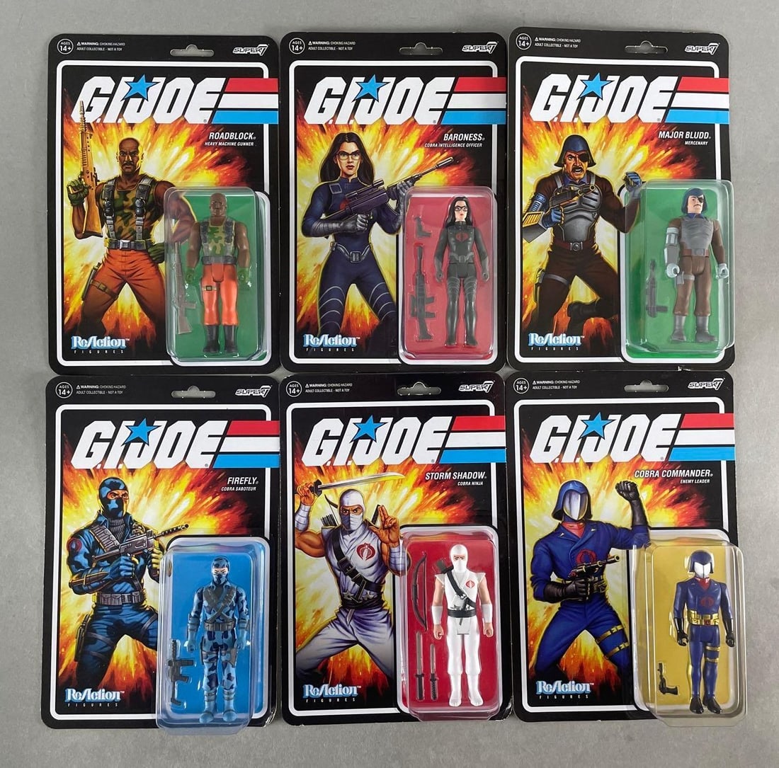Group of 6 Hasbro Super 7 G.I. Joe ReAction Figures: Original packaging, 3 3/4 inch figures