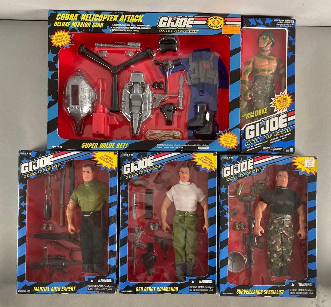 Group of 5 G.I. Joe Hall of Fame Action Figures and More: 1990s. Includes cobra helicopter attack deluxe mission gear. 12 inch figures