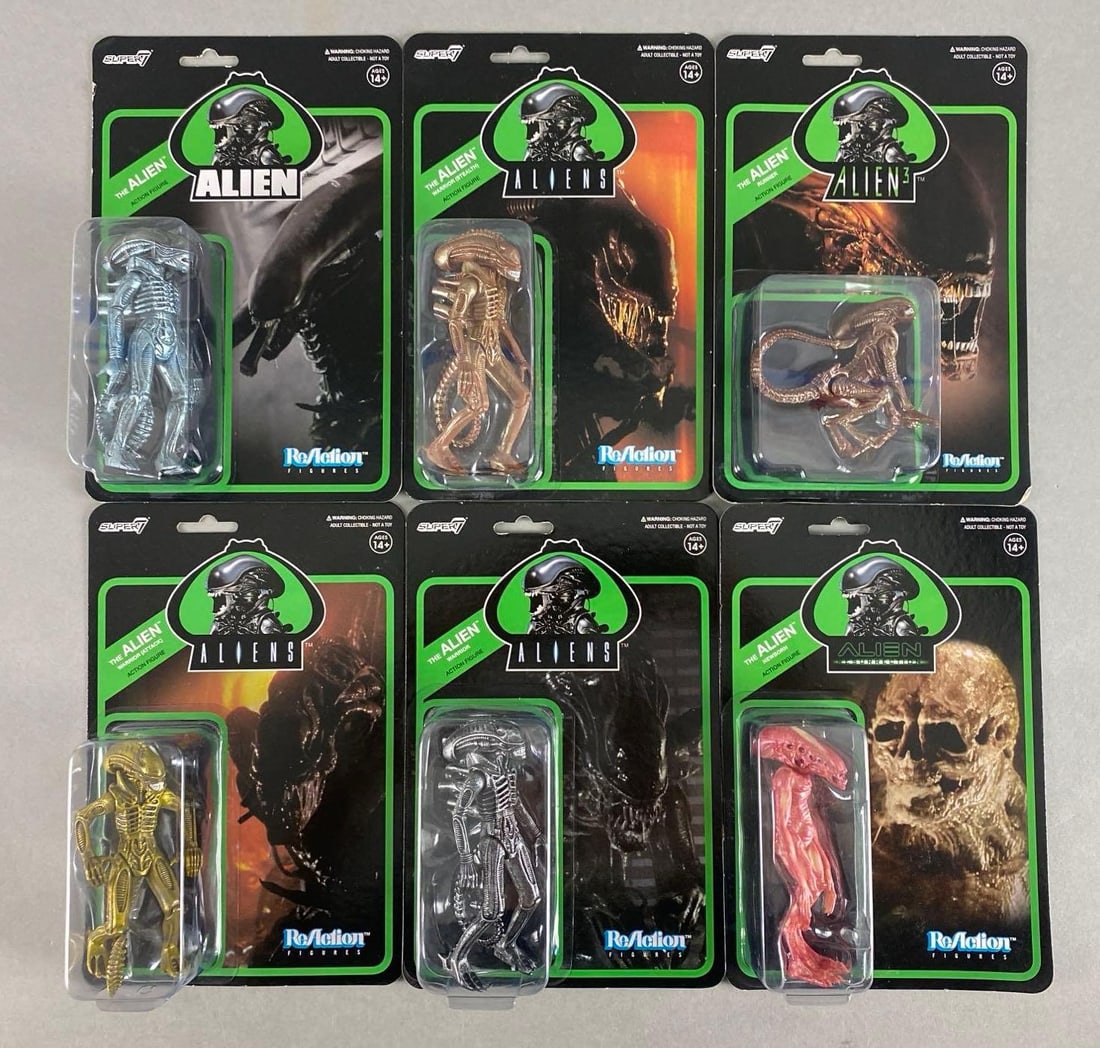 Group of 6 ReAction Alien Assorted Figures: Includes new born, warrior, attack warrior and more, new in original packaging, each measures 9 x 6 x 2 inches