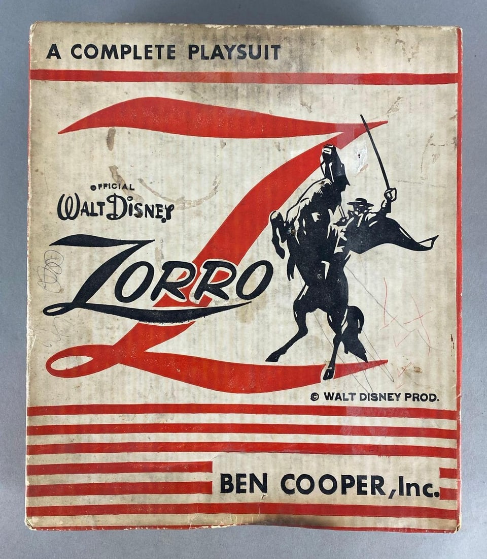 Vintage Authentic Walt Disney Zorro Playsuit: Size 12, Ben Cooper Inc., With original box, Box measures 13 x 11 1/4 x 2 1/2 inches.