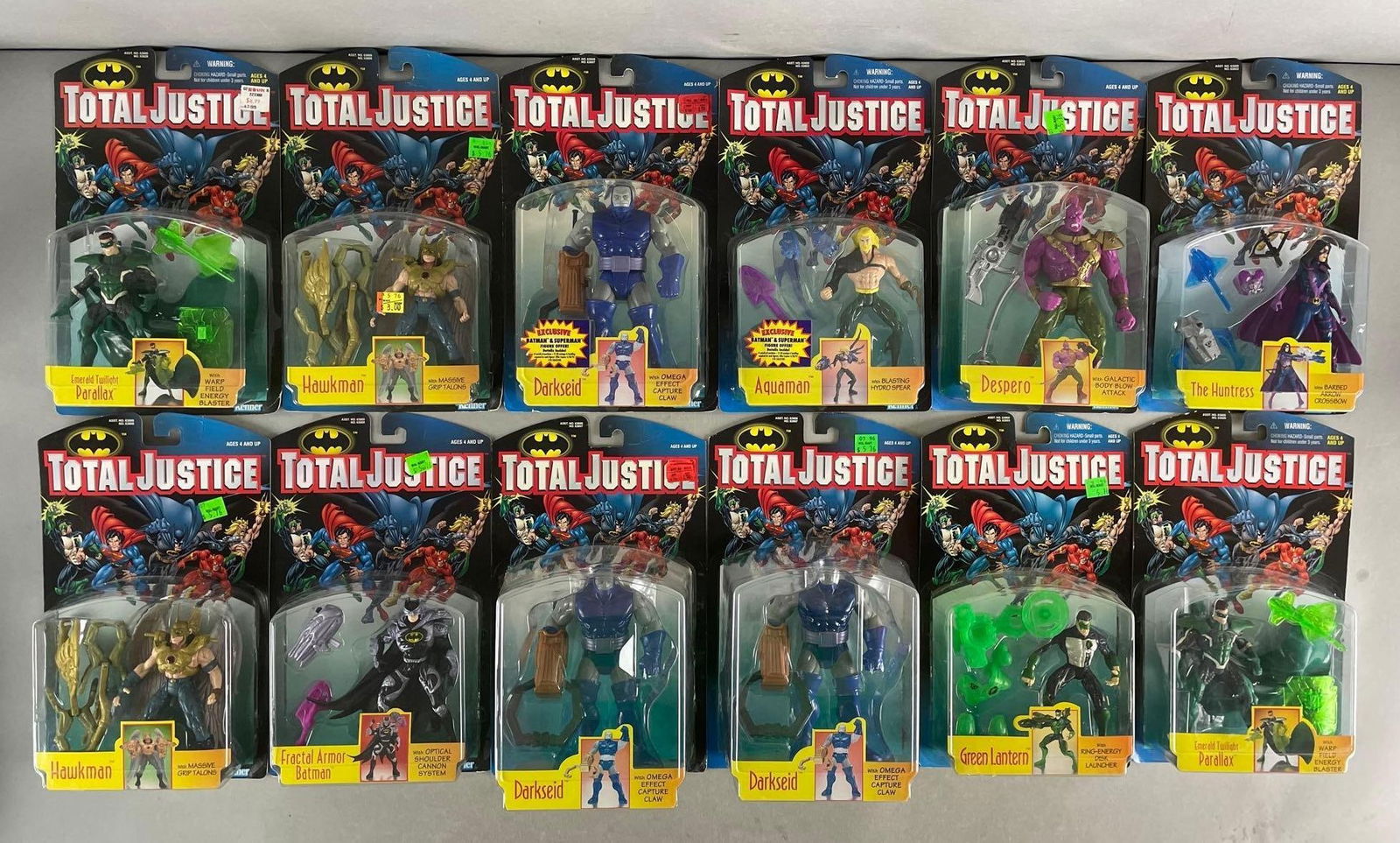 Group of 12 Kenner Batman Total Justice Action Figures: Includes green lantern, hawkman, darkseid, and more. Original packaging