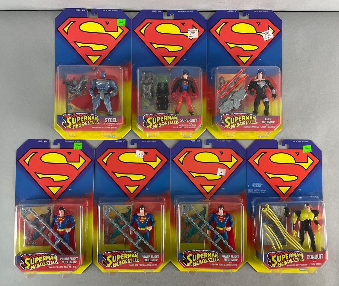 Group of 7 Kenner DC Superman Man of Steel Action Figures: Includes conduit, superboy, steel. 5 inch figures