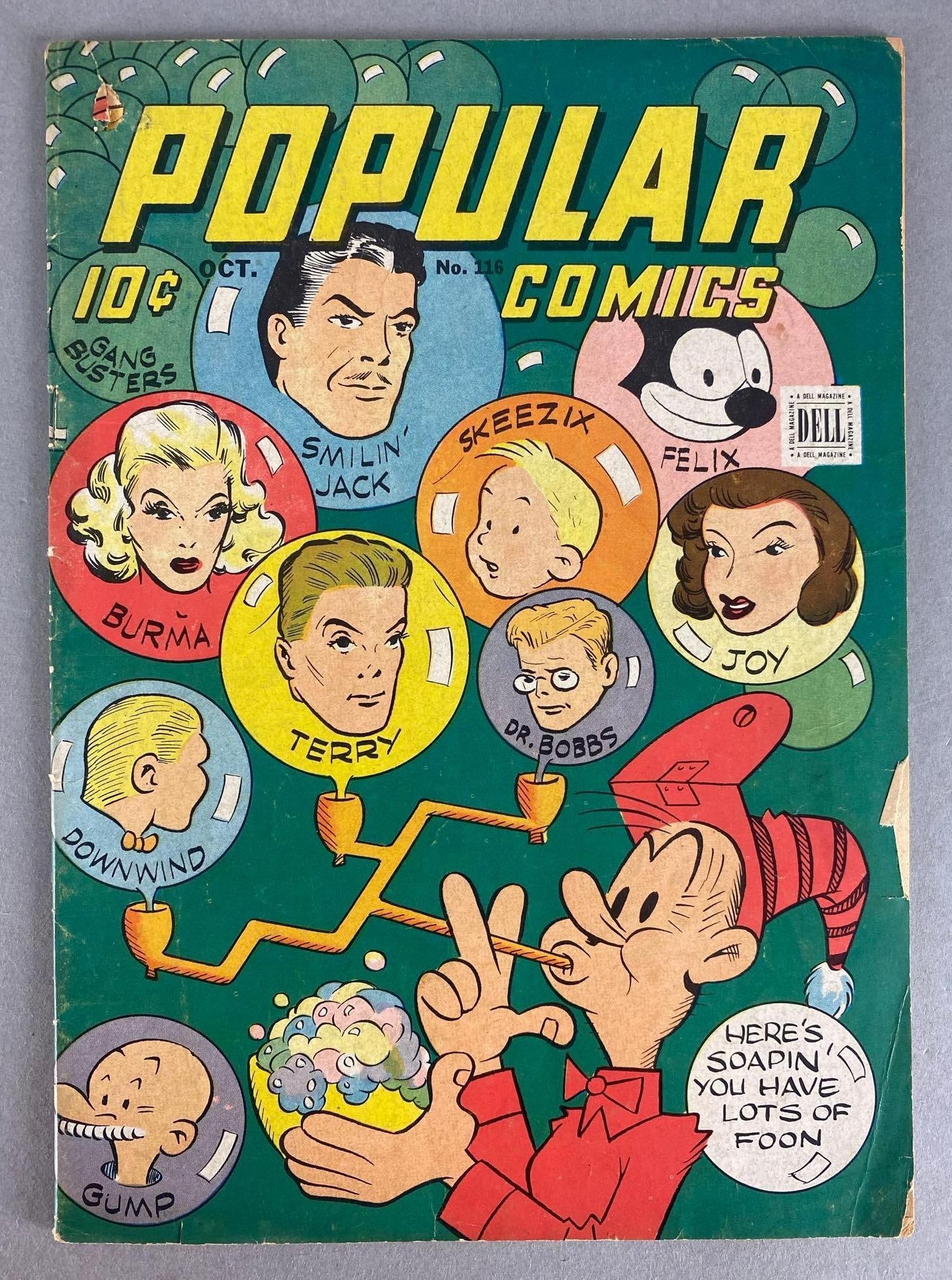 Dell Comics Popular Comics No. 116: October 1945, Golden Age, $.10, bagged and boarded, foxing throughout spine, some tearing on bottom right corner of front cover