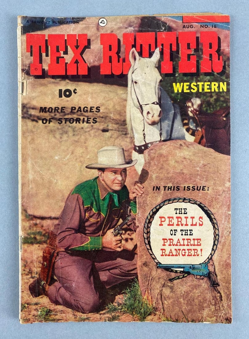 Fawcett Publication Tex Ritter Western No. 18: August 1953, Golden Age, $.10, Bagged and boarded, Front cover loose from top staple.