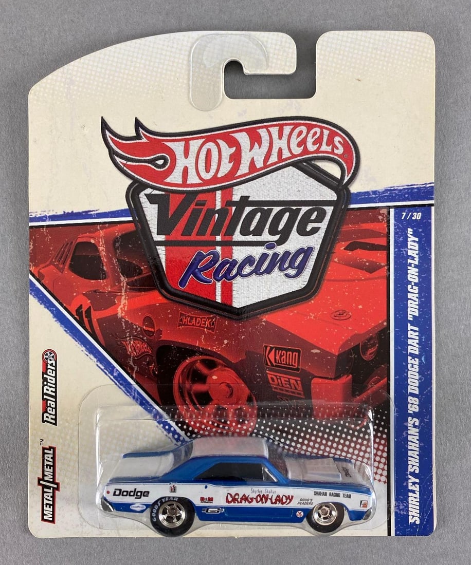 Mattel Hot Wheels Vintage Racing Die-Cast Car: Shirley Shanan’s ‘68 dodge dart Drag-on-lady, Real Riders, new in original packaging