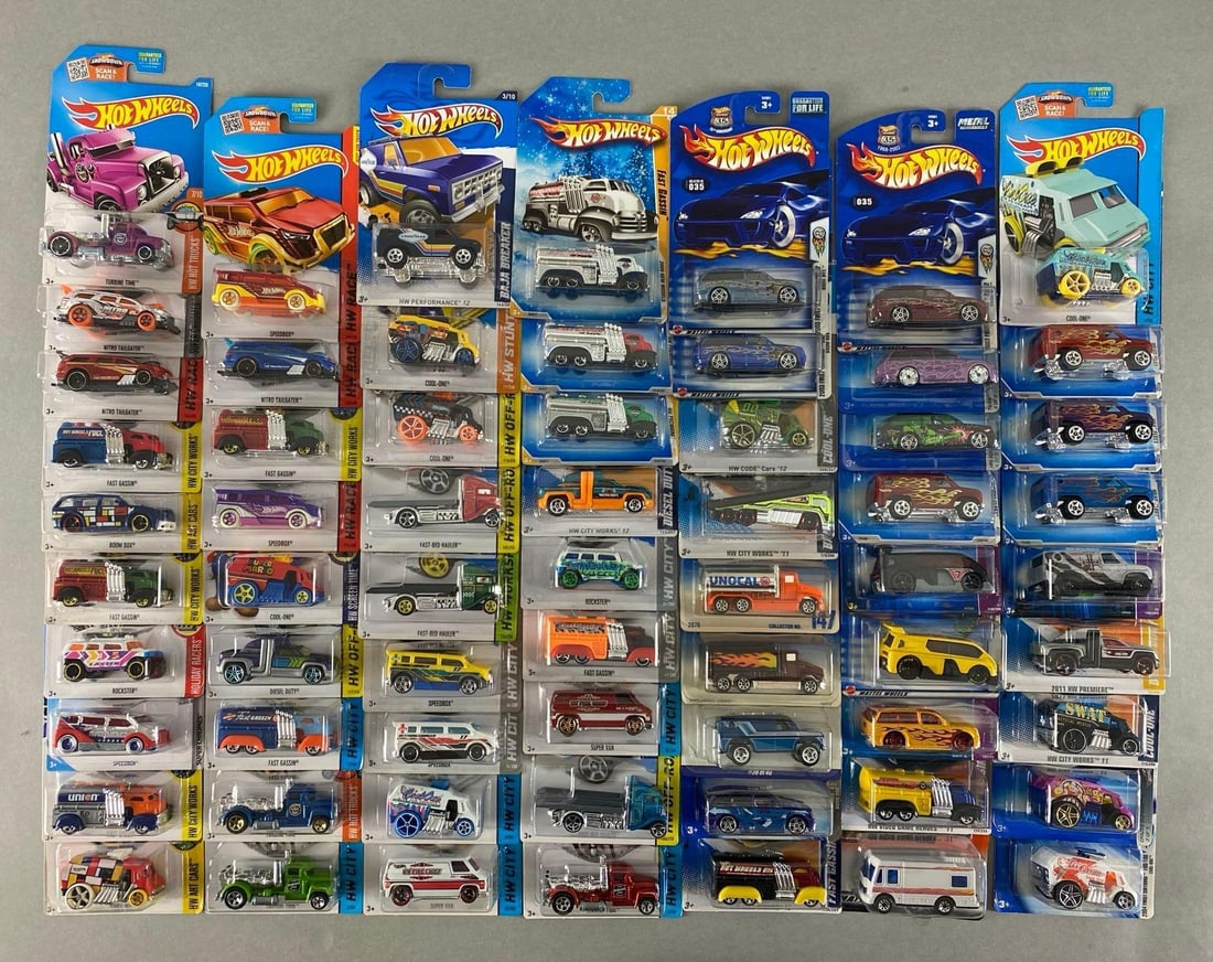 Group of 60+ Mattel Hot Wheels Die-Cast Cars: Includes Turbine Time, Super Van, Cool-One and more, new in original packaging