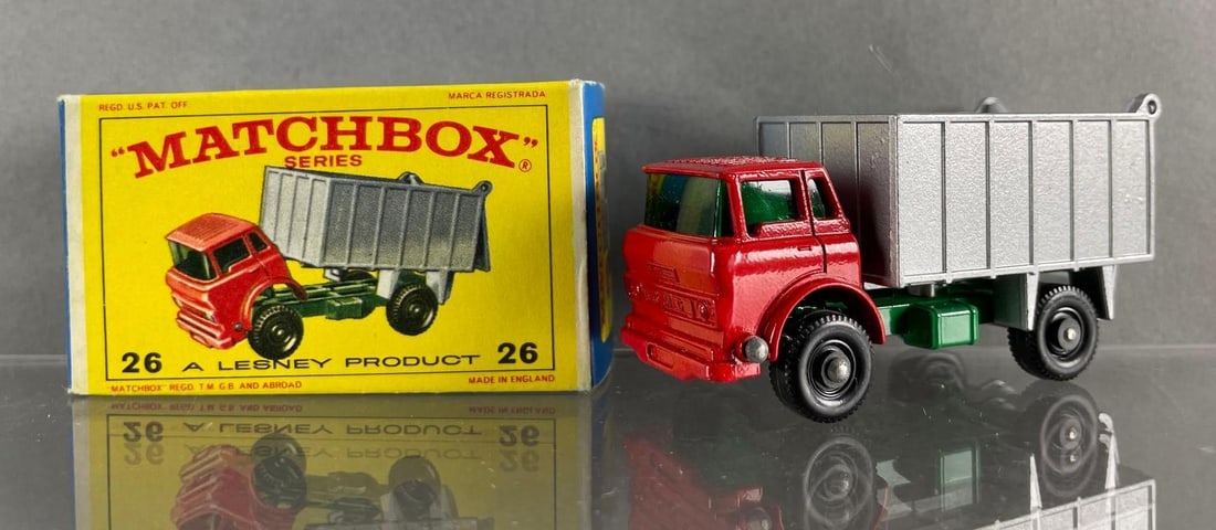 Matchbox No. 26 G.M.C. Tipper Truck: Red and silver, bpw, green windows, lesney die-cast