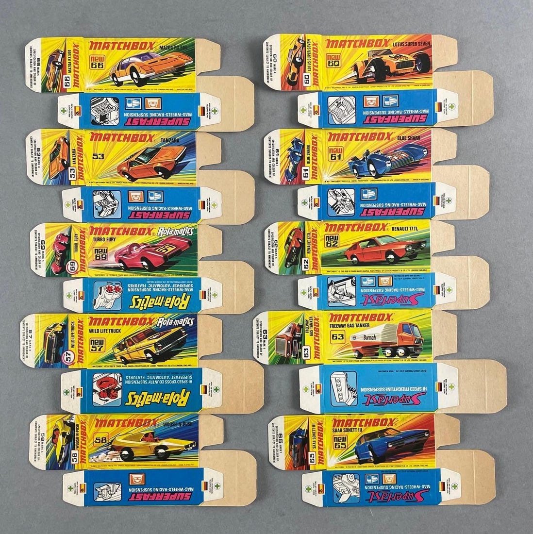 Group of 10 Matchbox I Type Boxes: Includes no. 61 blue shark