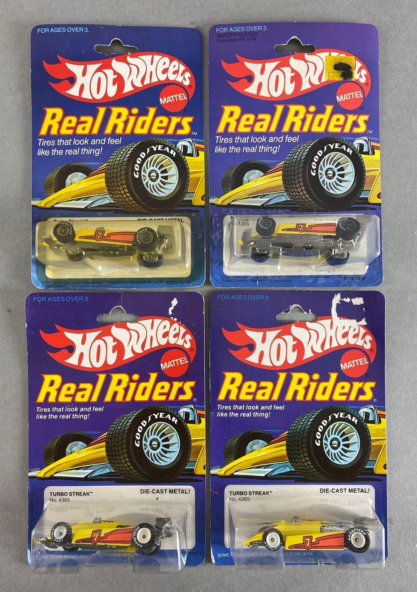 Group of 4 Mattel Hot Wheels Real Riders Turbo Streak Cars: 1982, Die-Cast, like new in original packaging