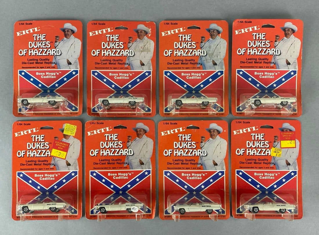Group of 8 ERTL The Dukes of Hazzard Boss Hoggs Cadillac Die-Cast Cars: 1981, No. 1567, In original packaging, Packaging measures 7 x 5 x 1 1/4 inches.