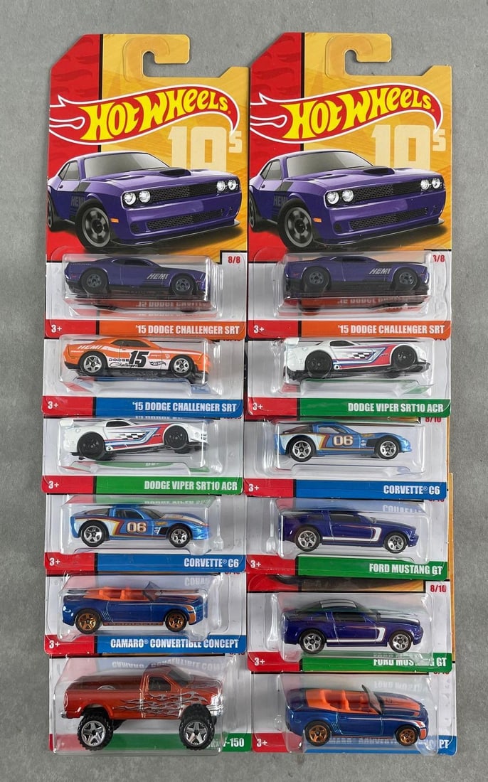 Group of 12 Mattel Hot Wheels 10s Die-Cast Cars: Includes corvette, mustang, challenger, and more