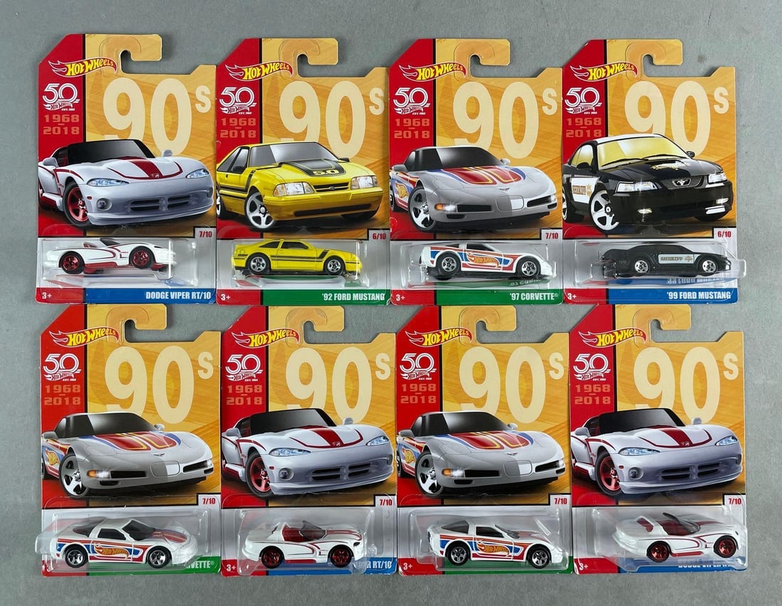 Group of 8 Mattel Hot Wheels 90s Die-Cast Cars: 50th anniversary, includes viper, corvette, mustang
