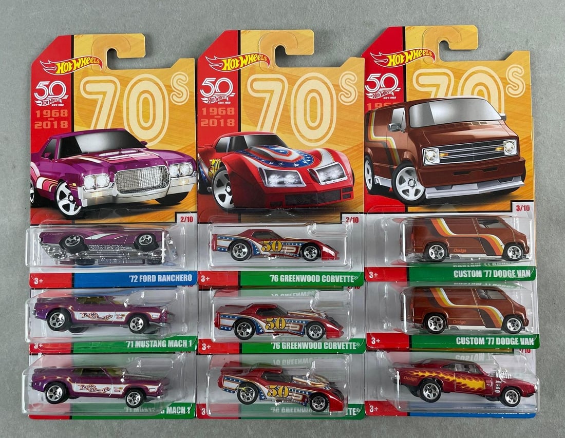 Group of 9 Mattel Hot Wheels 70s Die-Cast Cars: 50th Anniversary, includes Charger, Mustang, corvette, dodge van, ranchero
