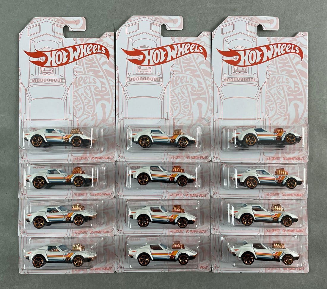 Group of 13 Mattel Hot Wheels 68 Corvette Die-Cast Cars: Gas monkey garage, 2019