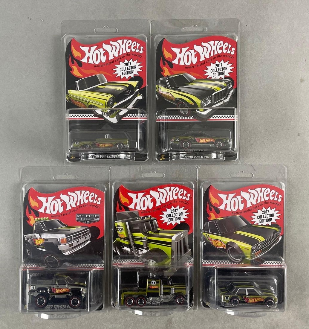 Group of 5 Mattel Hot Wheels Die-Cast Cars: 2017 Collector edition, includes Datsun placard