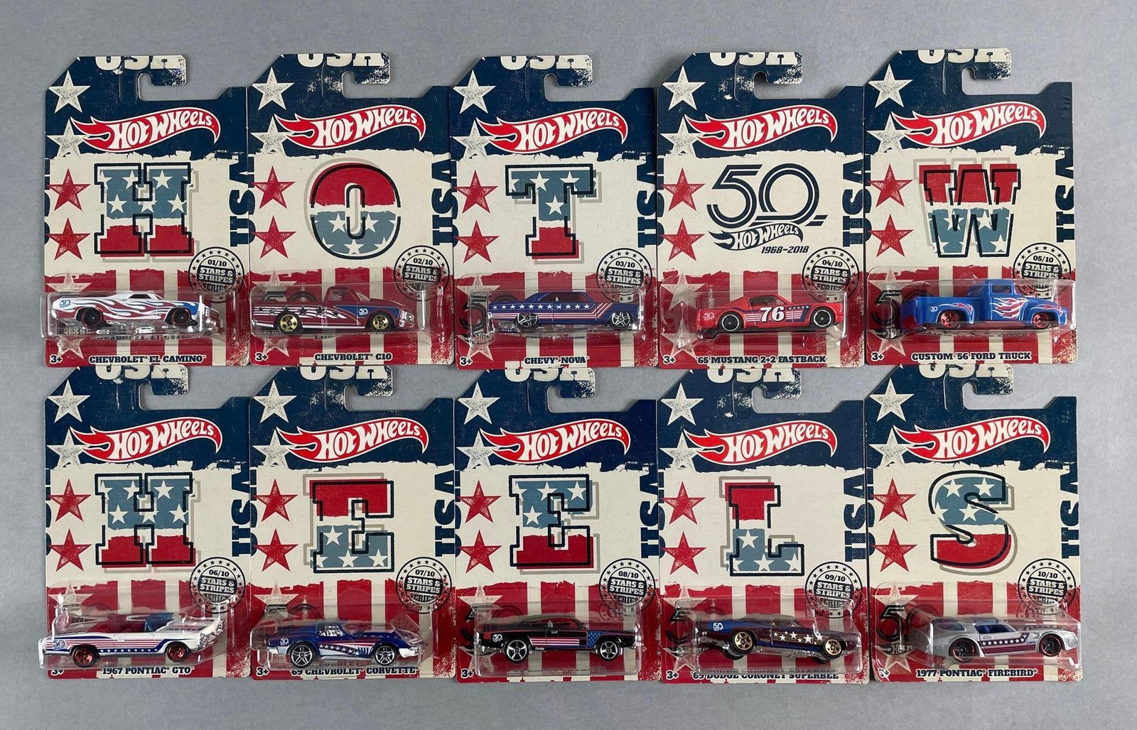 Set of 10 Mattel Hot Wheels Stars and Stripes Die-Cast Vehicles: 50th anniversary, 1/64 scale