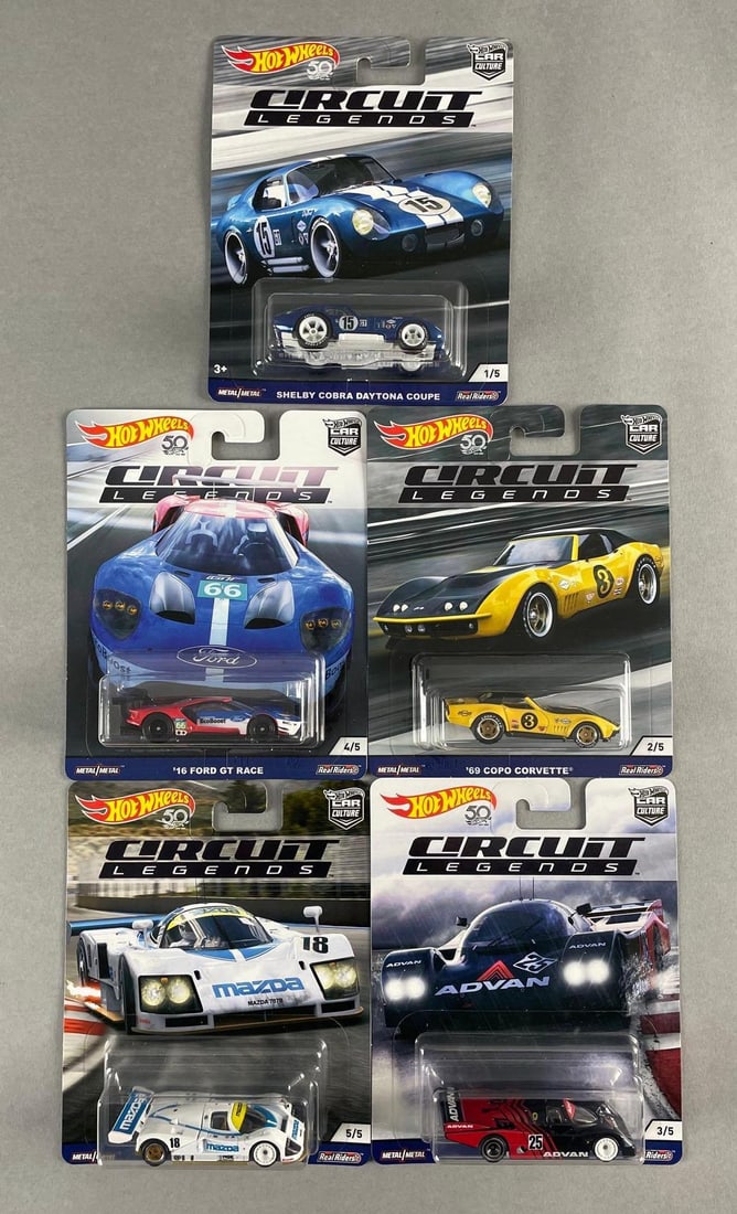 Group of 5 Mattel Hot Wheels Circuit Legends Die-Cast Vehicles: Includes Porsche, corvette, Shelby cobra, and more