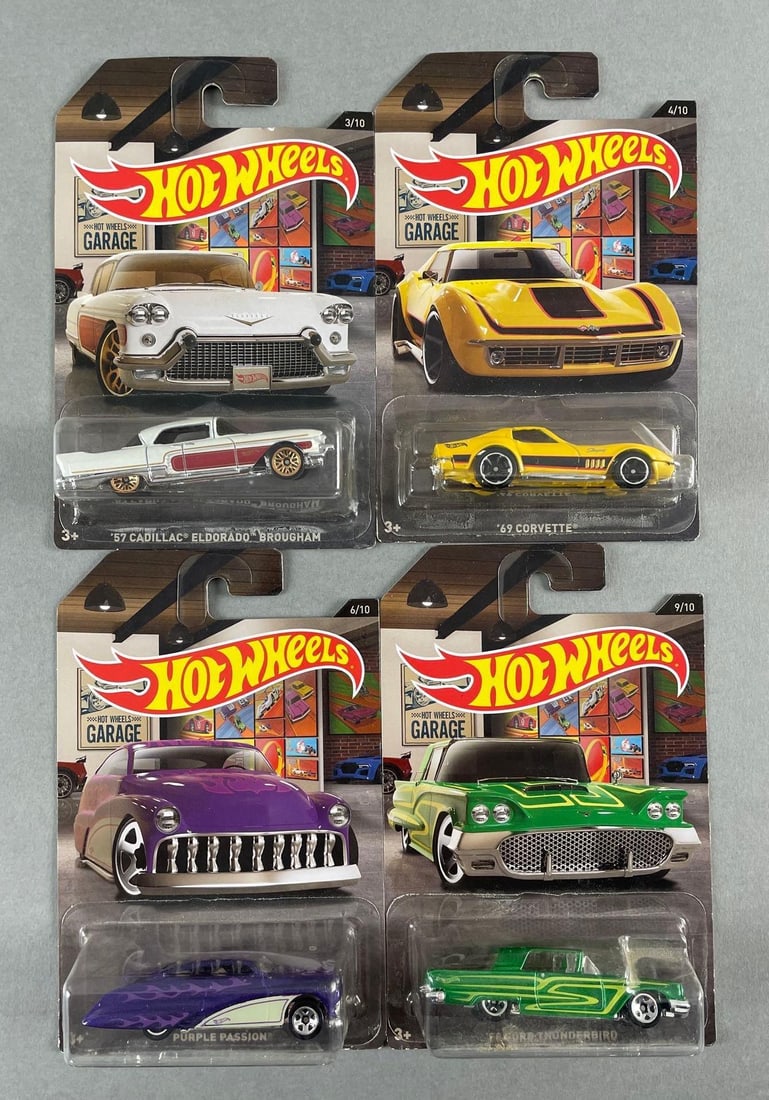 Group of 4 Mattel Hot Wheels Garage Die-Cast Vehicles: Includes eldorado, thunderbird, corvette, purple passion